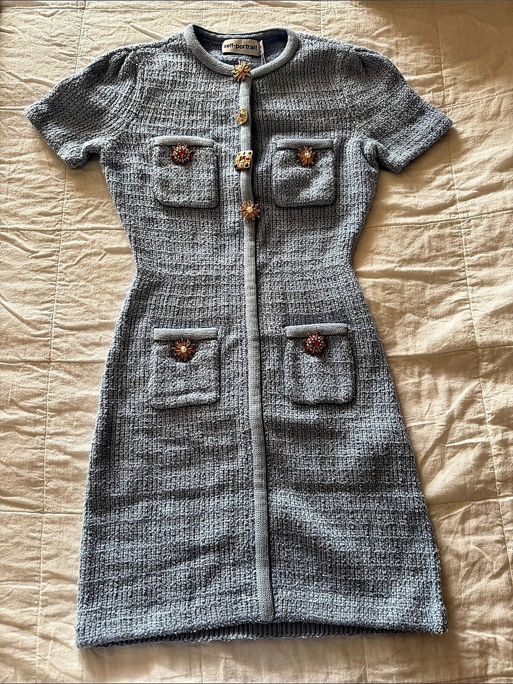 self-portrait Blue Jewel Button Knit Mini Dress Blue XS
